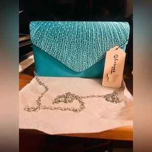 Blue Clutch Bag with Silver Chain